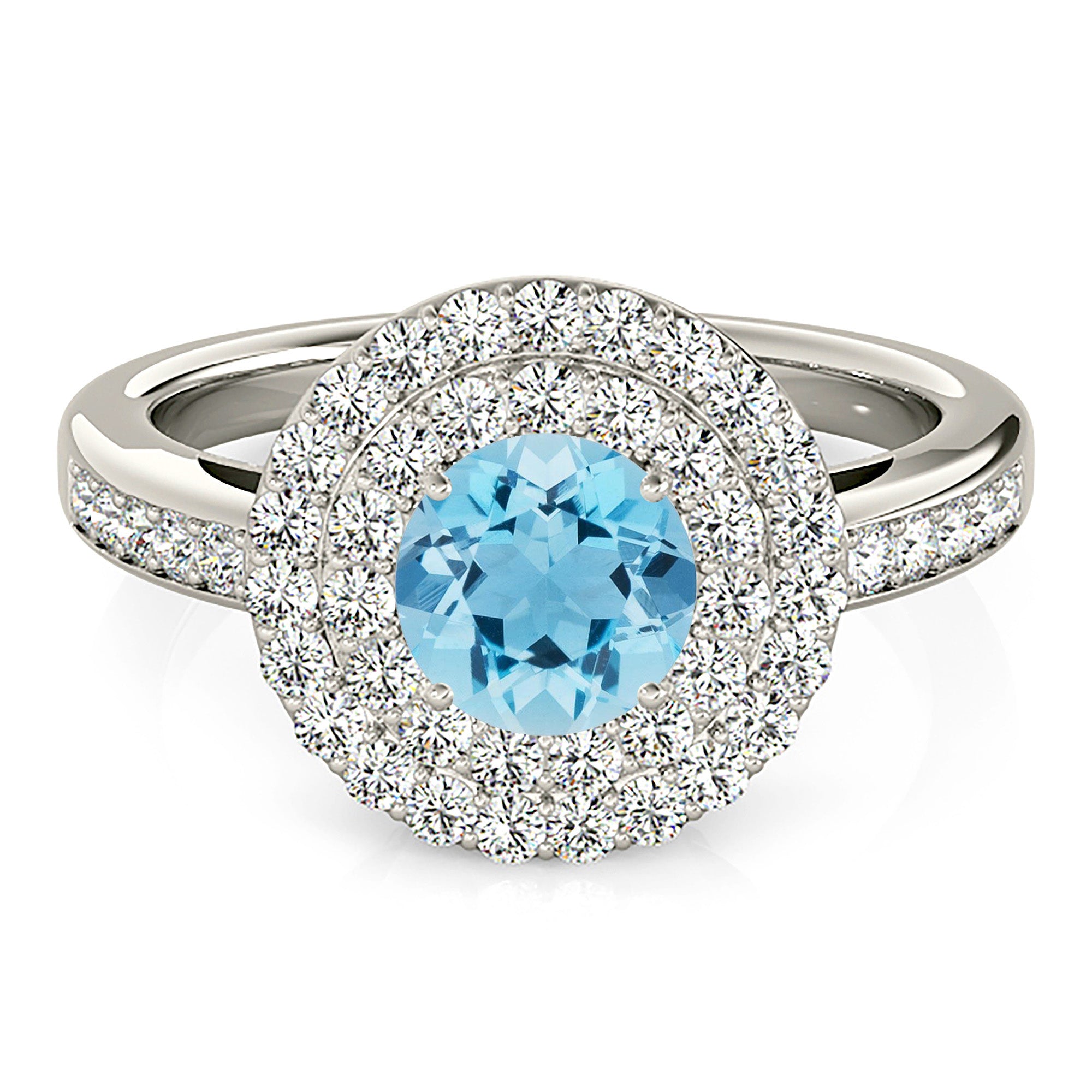 1.10 ct. Genuine Aquamarine Ring With 0.70 ctw. Diamond Double Row Halo And Delicate Diamond Band | Round Blue Aquamarine Halo Ring-VIRABYANI